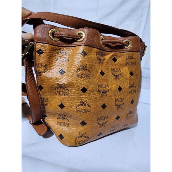 Authentic MCM Visetos Essential Drawstring Bucket Bag Cognac - Picture 13 of 16
